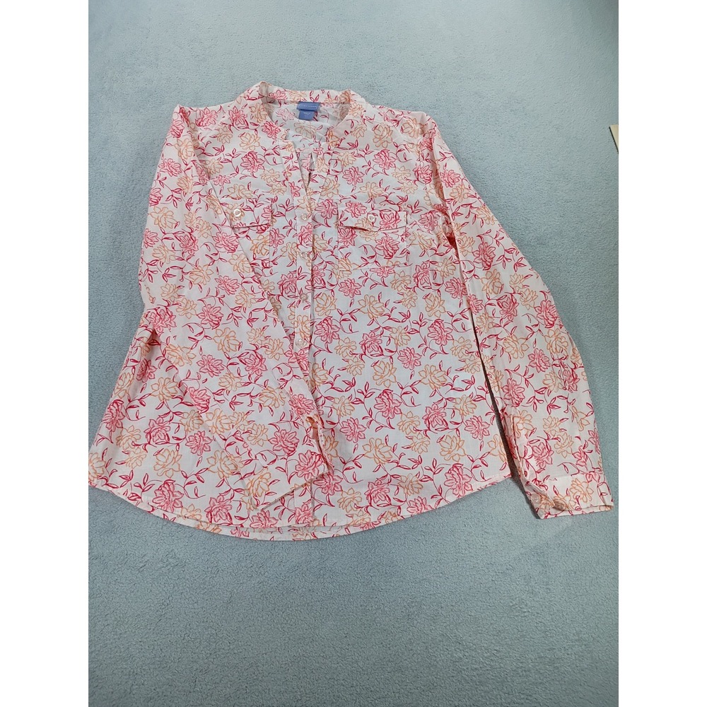 Laura Scott Women Floral Button Down Pink Orange Small Long Sleeve Cotton Blouse